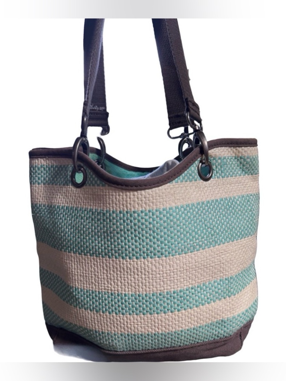 100% Paper Shoulder Tote by Thirty-One, teal & white w/ brown, EUC